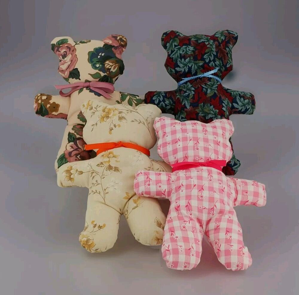 Seasonal Fabric Stuffed Teddy Bears Bows Set of 4 Handmade